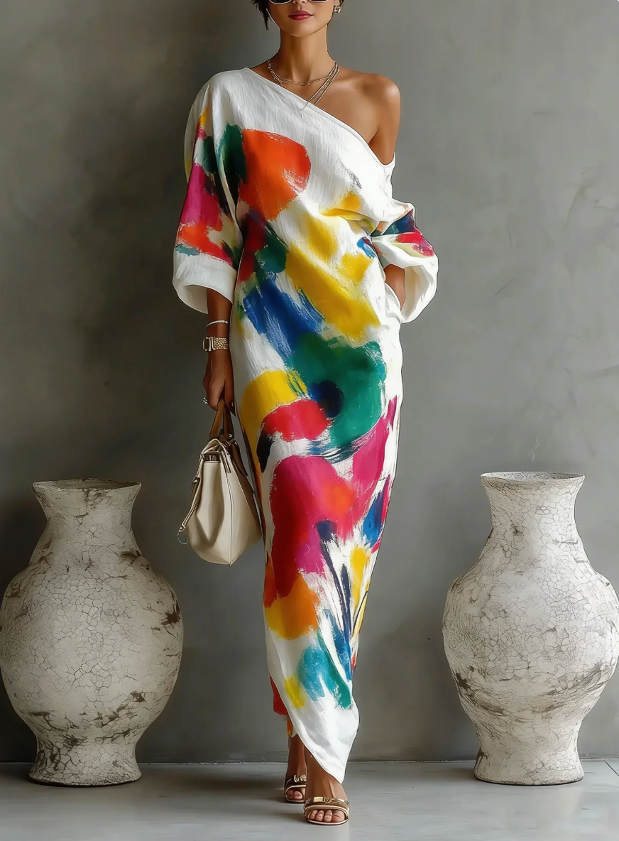 Women's abstract print maxi dress with one shoulder and long sleeves 1