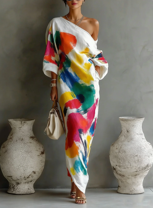 Women's abstract print maxi dress with one shoulder and long sleeves 1