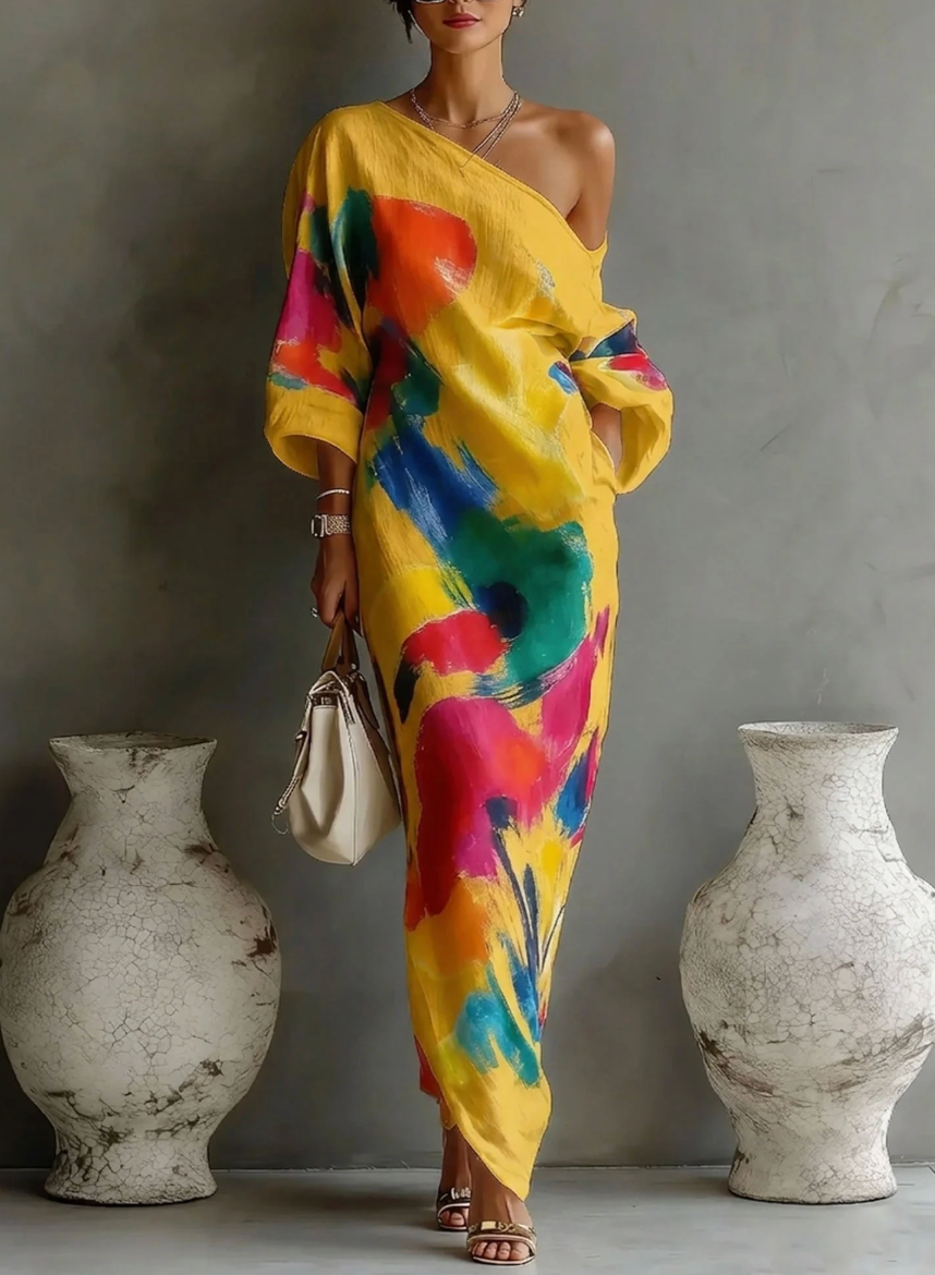 Women's abstract print maxi dress with one shoulder and long sleeves 2
