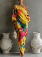 Women's abstract print maxi dress with one shoulder and long sleeves 2
