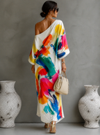 Women's abstract print maxi dress with one shoulder and long sleeves 3
