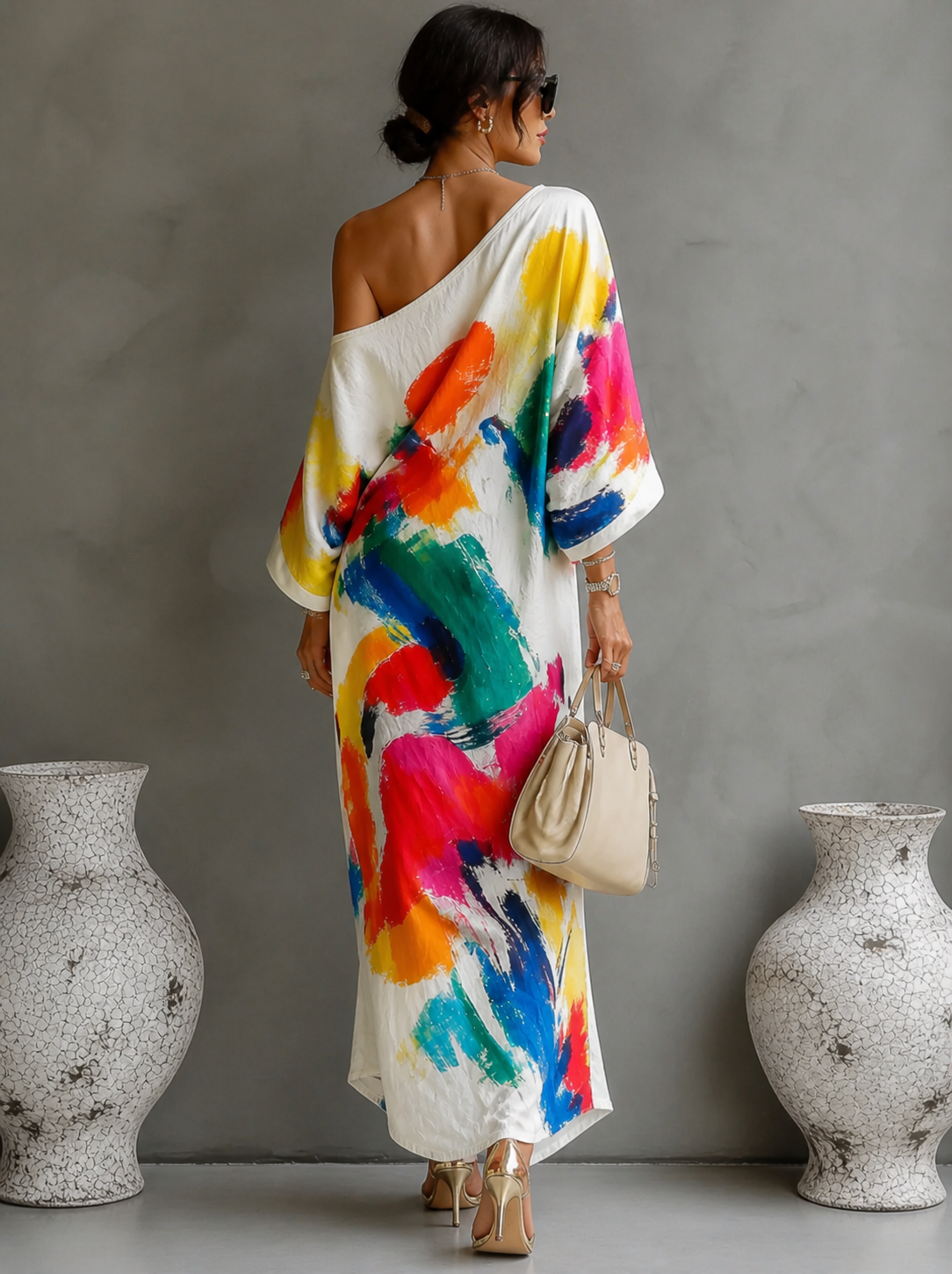Women's abstract print maxi dress with one shoulder and long sleeves 3