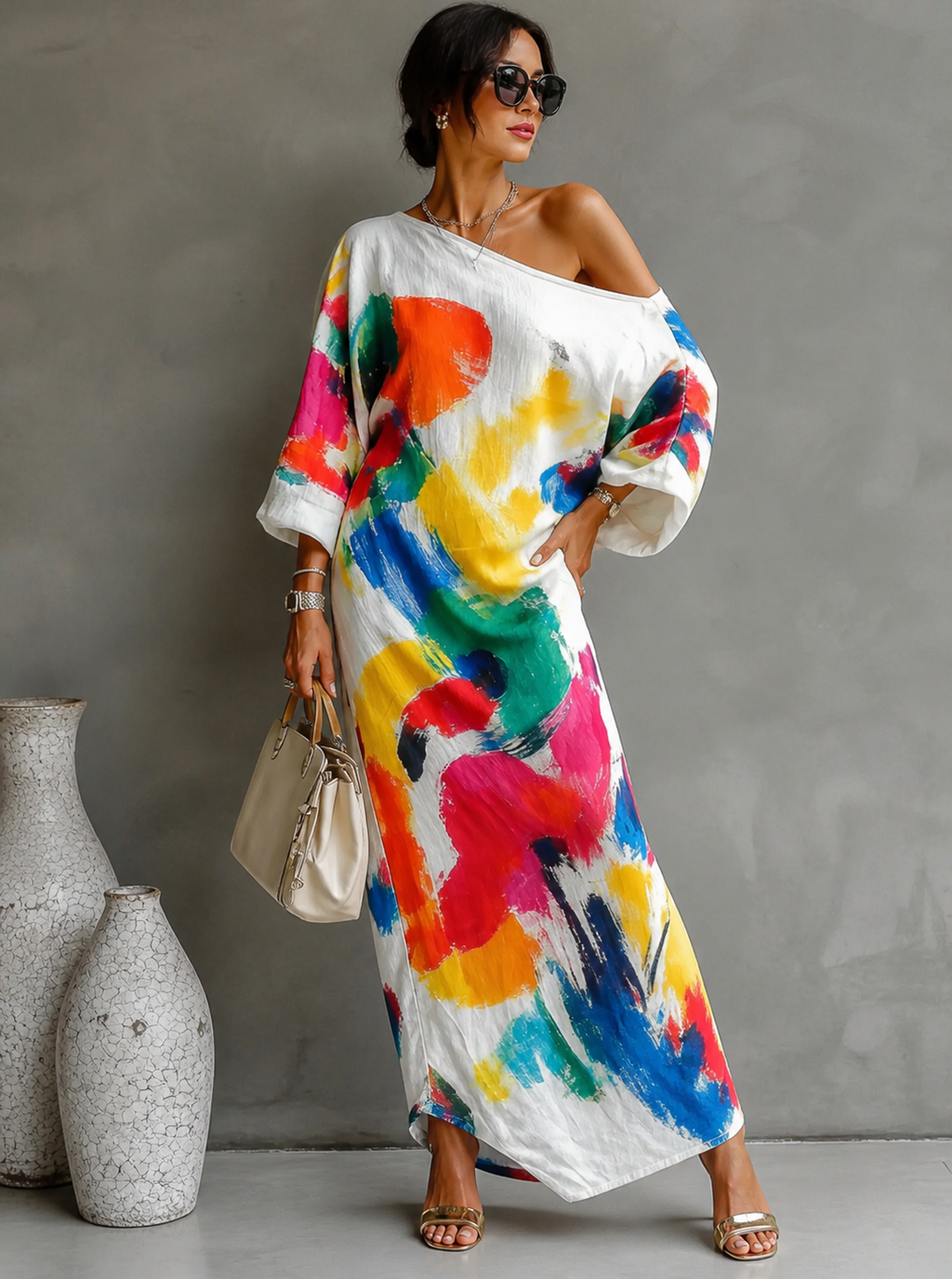 Women's abstract print maxi dress with one shoulder and long sleeves 4
