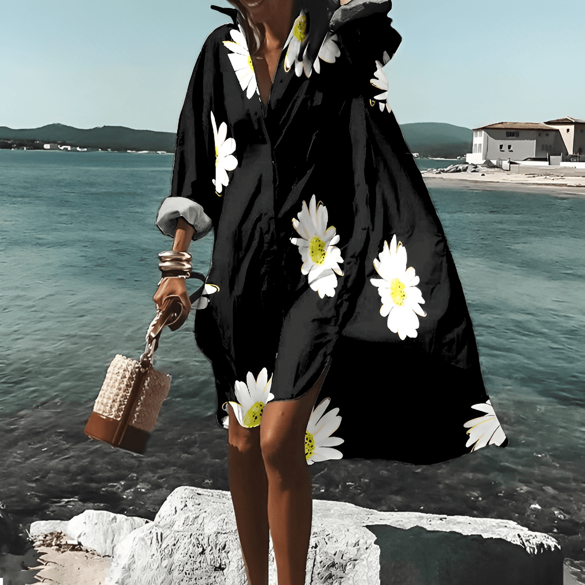 Women's abstract print mini shirt dress with long sleeves 2