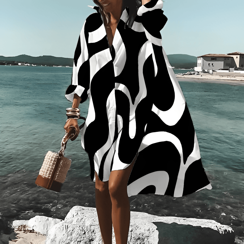 Women's abstract print mini shirt dress with long sleeves 4