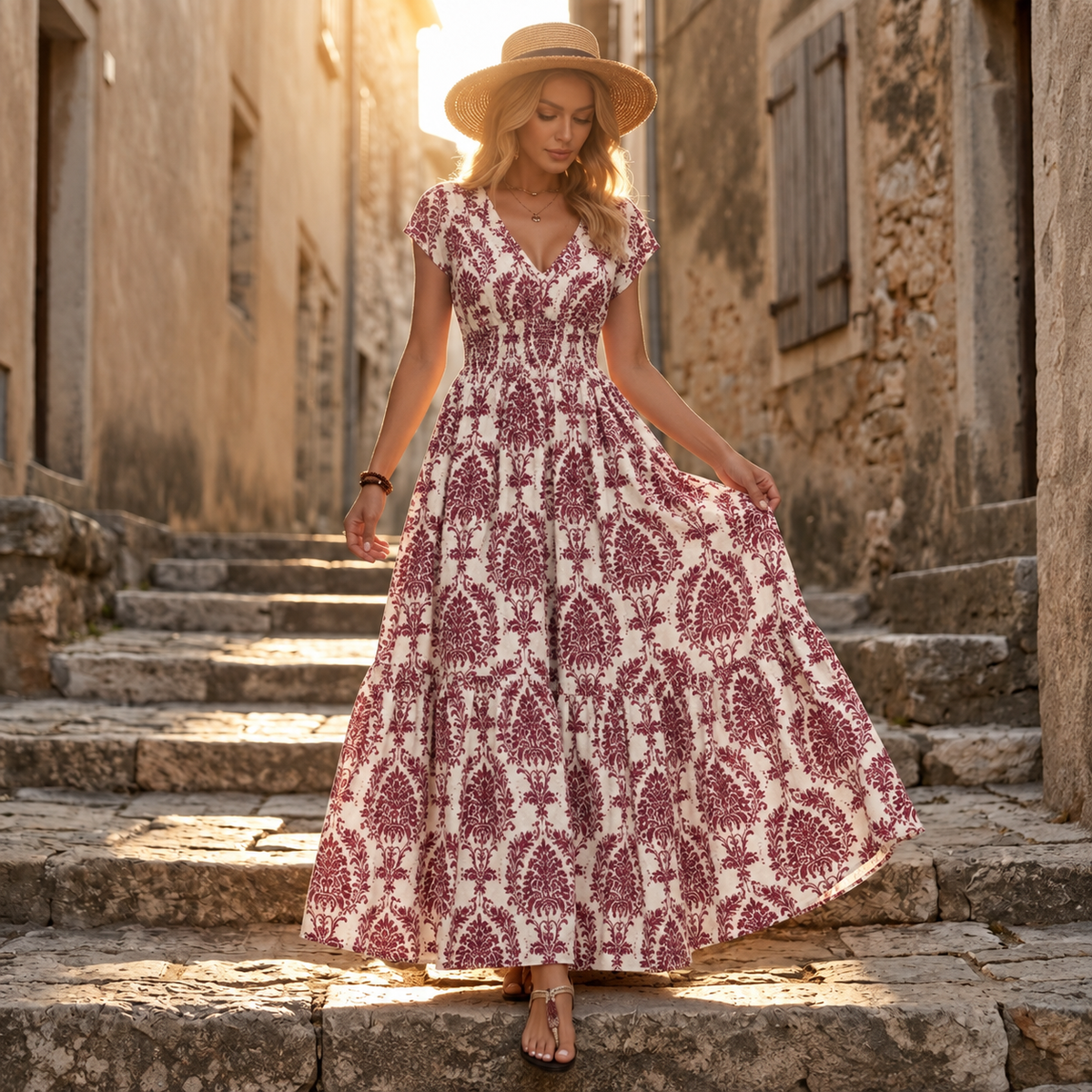 Women's boho maxi dress with V-neck and smocked waist 13