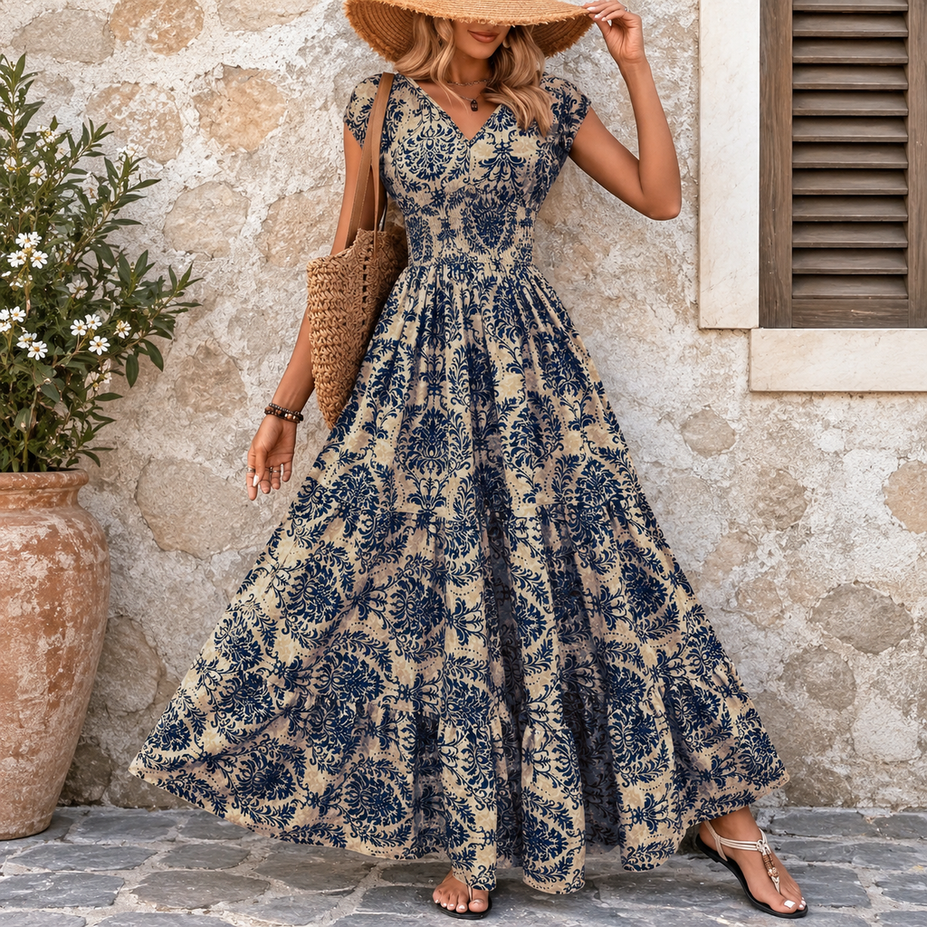 Women's boho maxi dress with V-neck and smocked waist 2