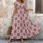 Women's boho maxi dress with V-neck and smocked waist 3