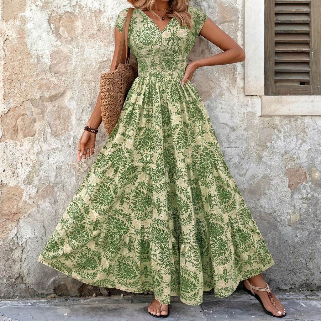 Women's boho maxi dress with V-neck and smocked waist 4