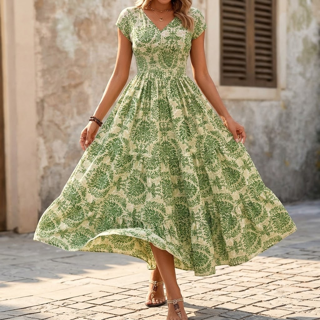 Women's boho maxi dress with V-neck and smocked waist 5