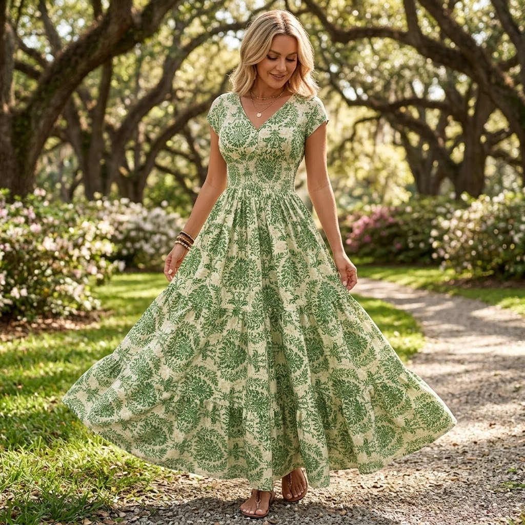 Women's boho maxi dress with V-neck and smocked waist 6