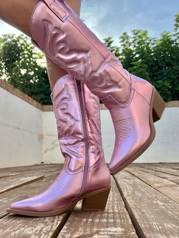 Women's cowboy boots with metallic finish and western embroidery 1
