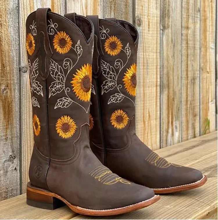 Women's cowboy boots with sunflower embroidery and square toe 1