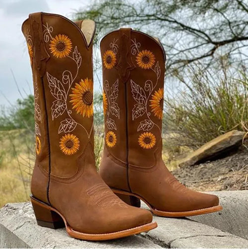 Women's cowboy boots with sunflower embroidery and square toe 2