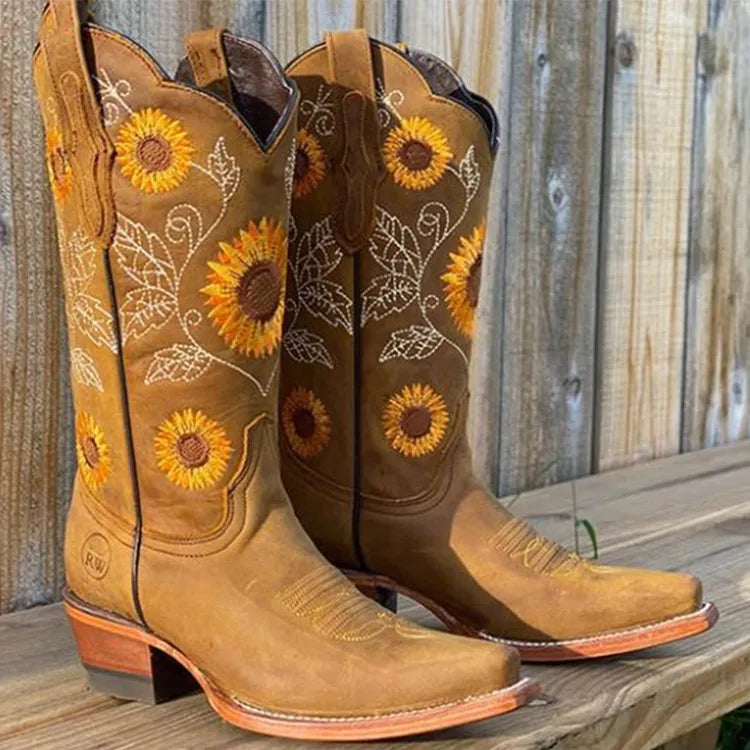 Women's cowboy boots with sunflower embroidery and square toe 3