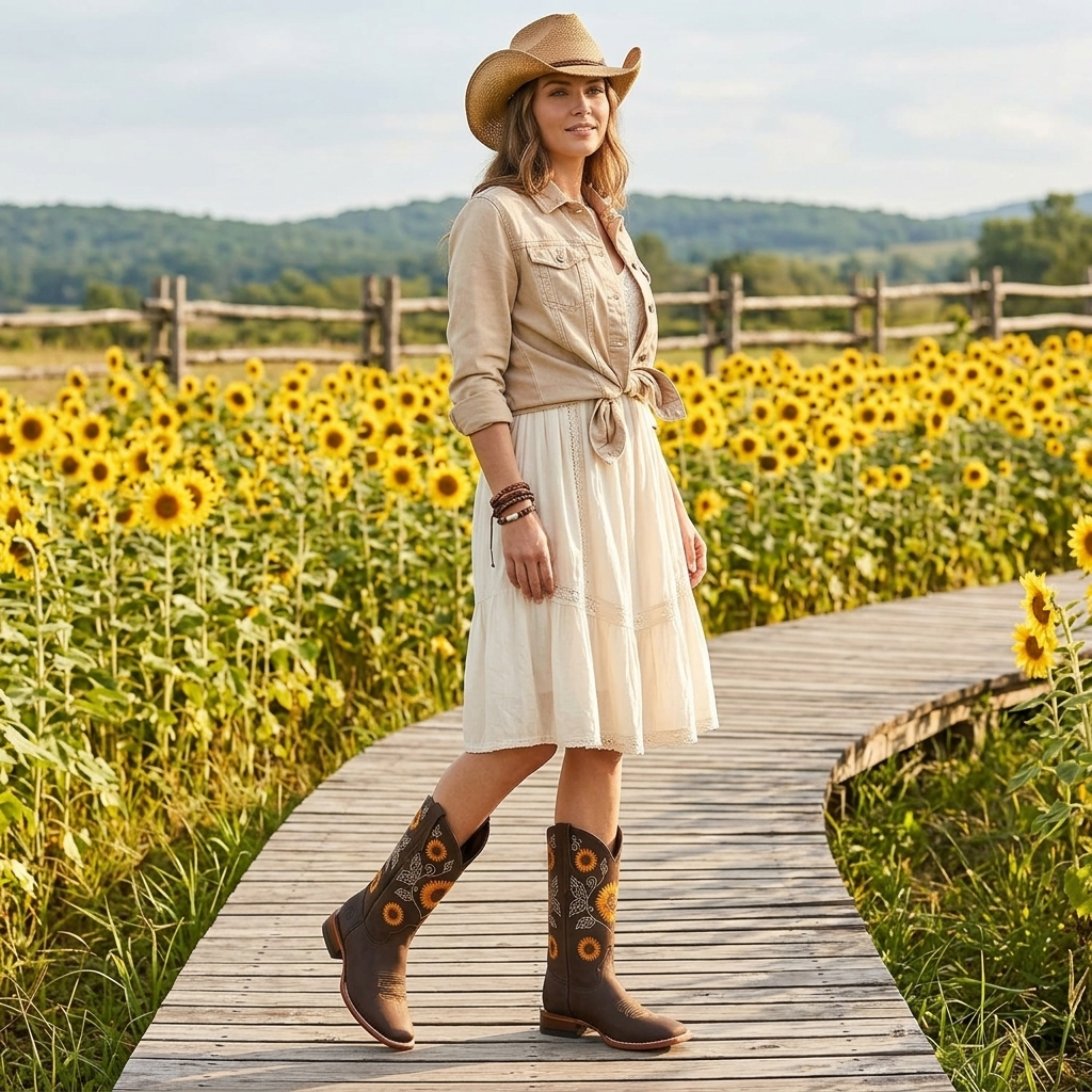 Women's cowboy boots with sunflower embroidery and square toe 4