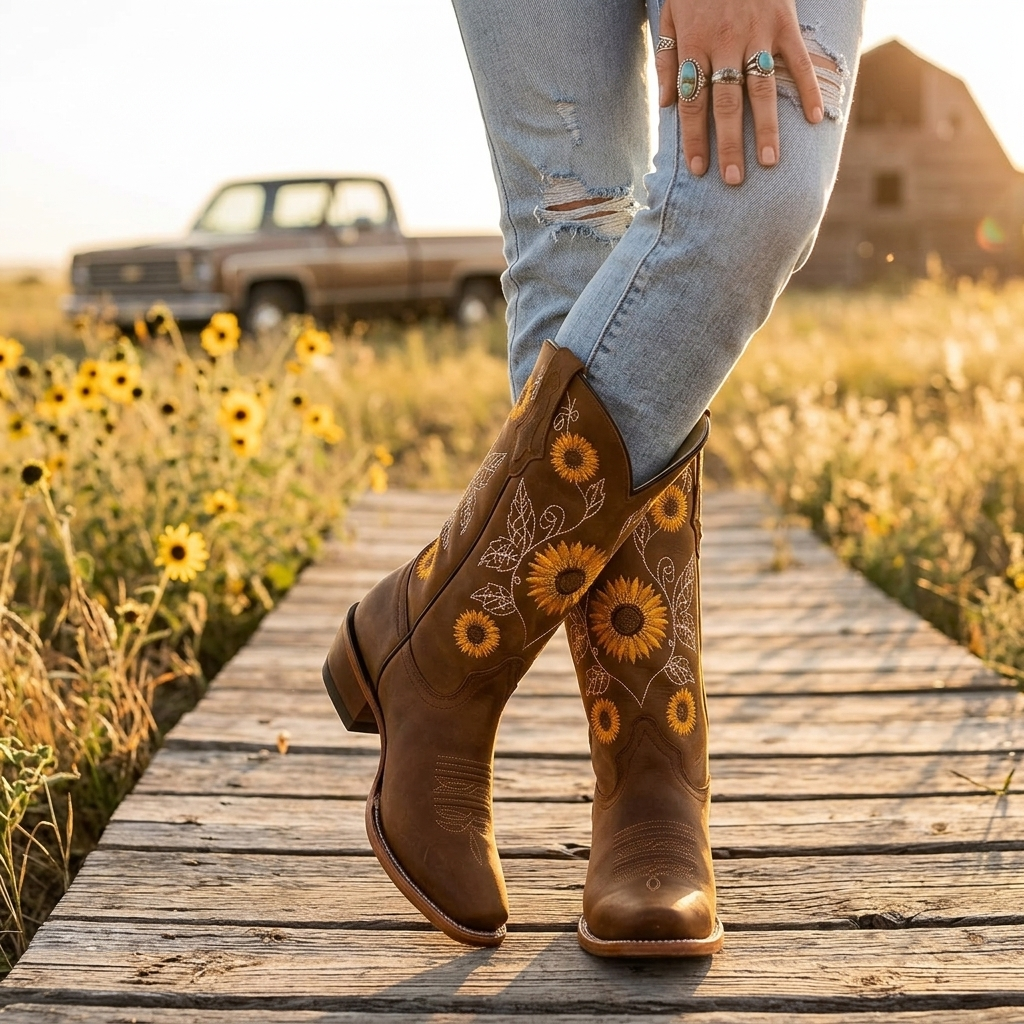 Women's cowboy boots with sunflower embroidery and square toe 5