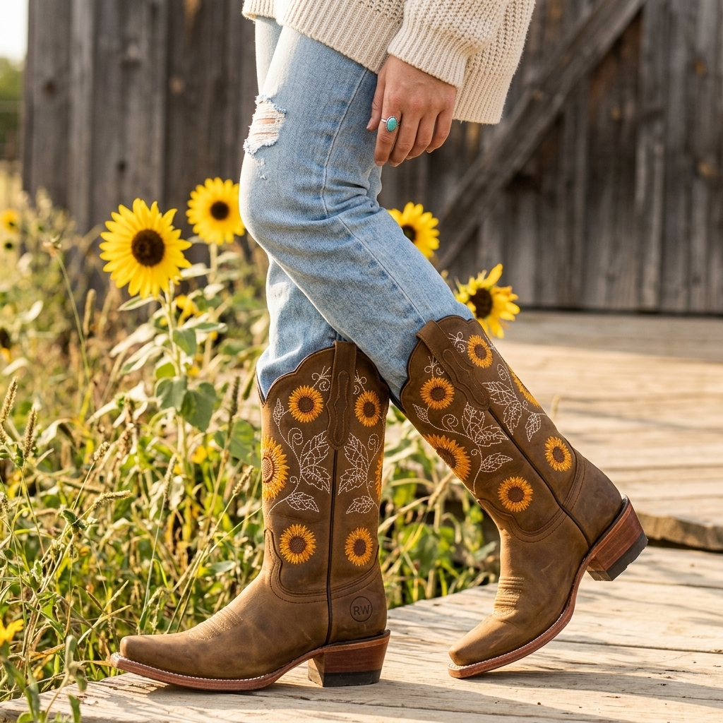Women's cowboy boots with sunflower embroidery and square toe 6