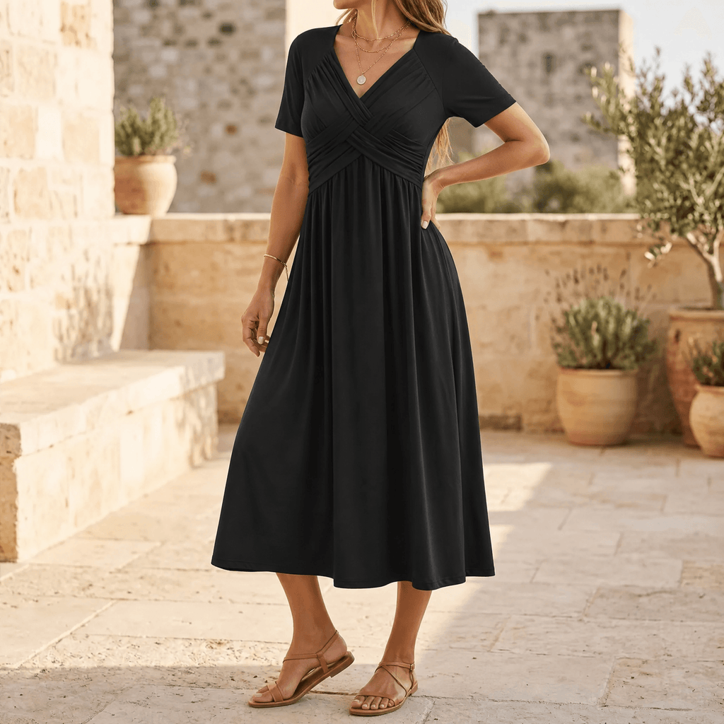 Women's crossover V-neck midi summer dress with pockets 1