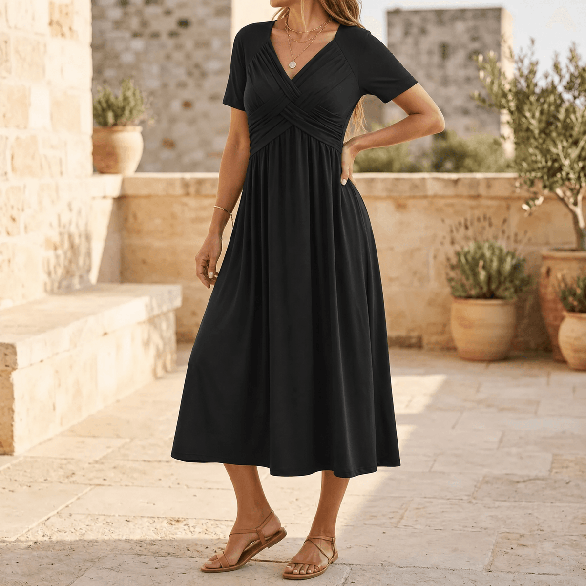 Women's crossover V-neck midi summer dress with pockets 1
