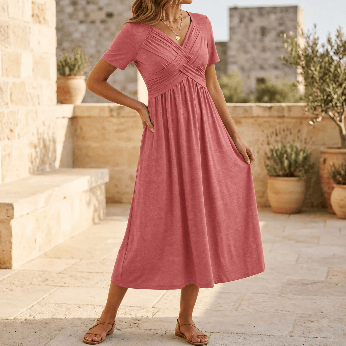 Women's crossover V-neck midi summer dress with pockets 2