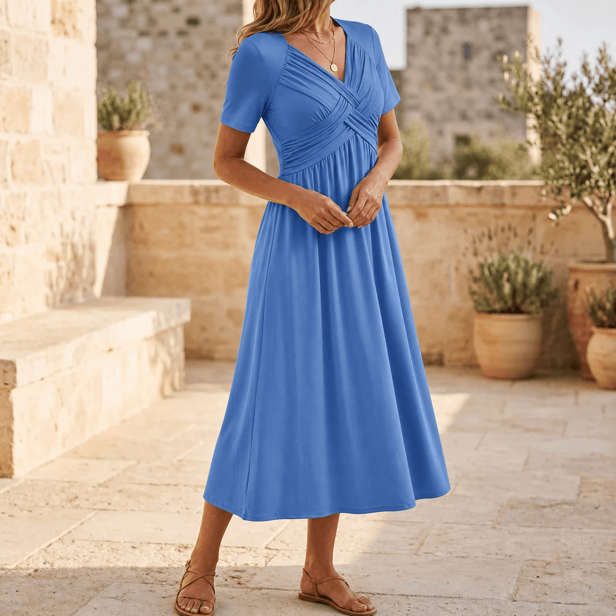 Women's crossover V-neck midi summer dress with pockets 3