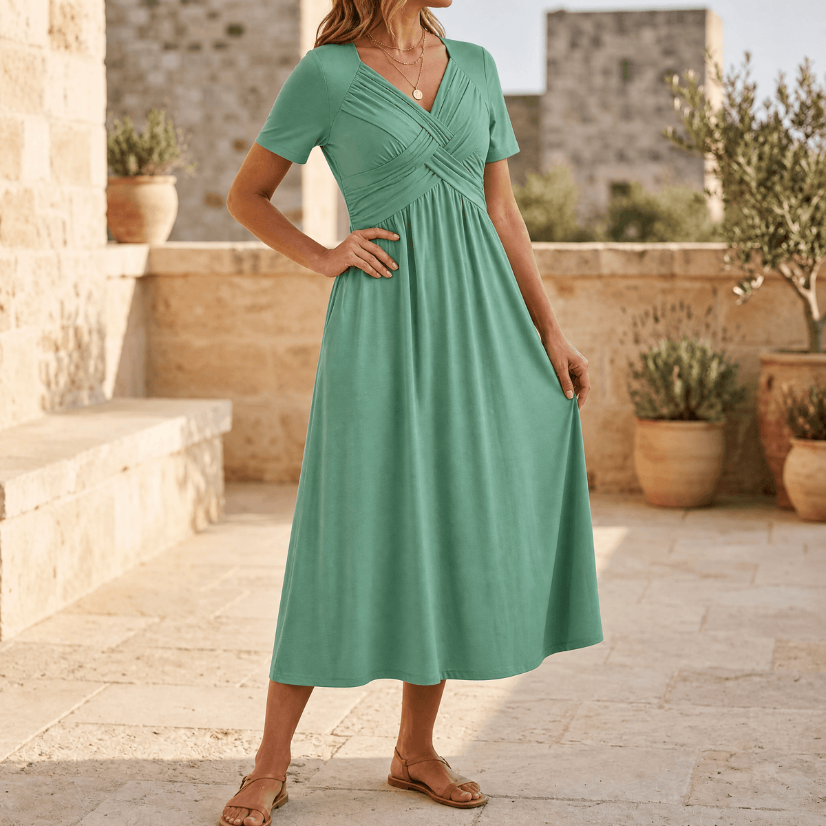Women's crossover V-neck midi summer dress with pockets 4