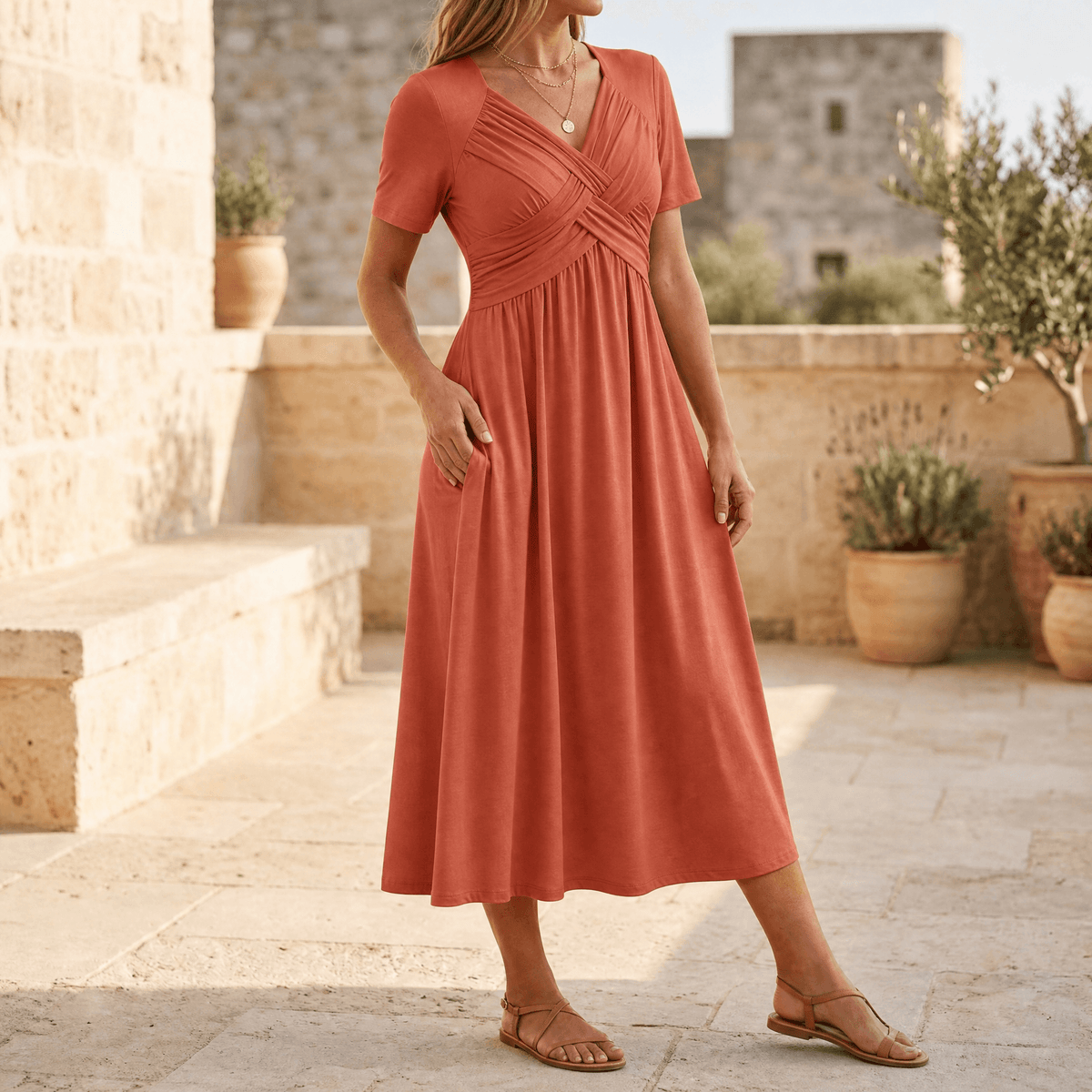 Women's crossover V-neck midi summer dress with pockets 5
