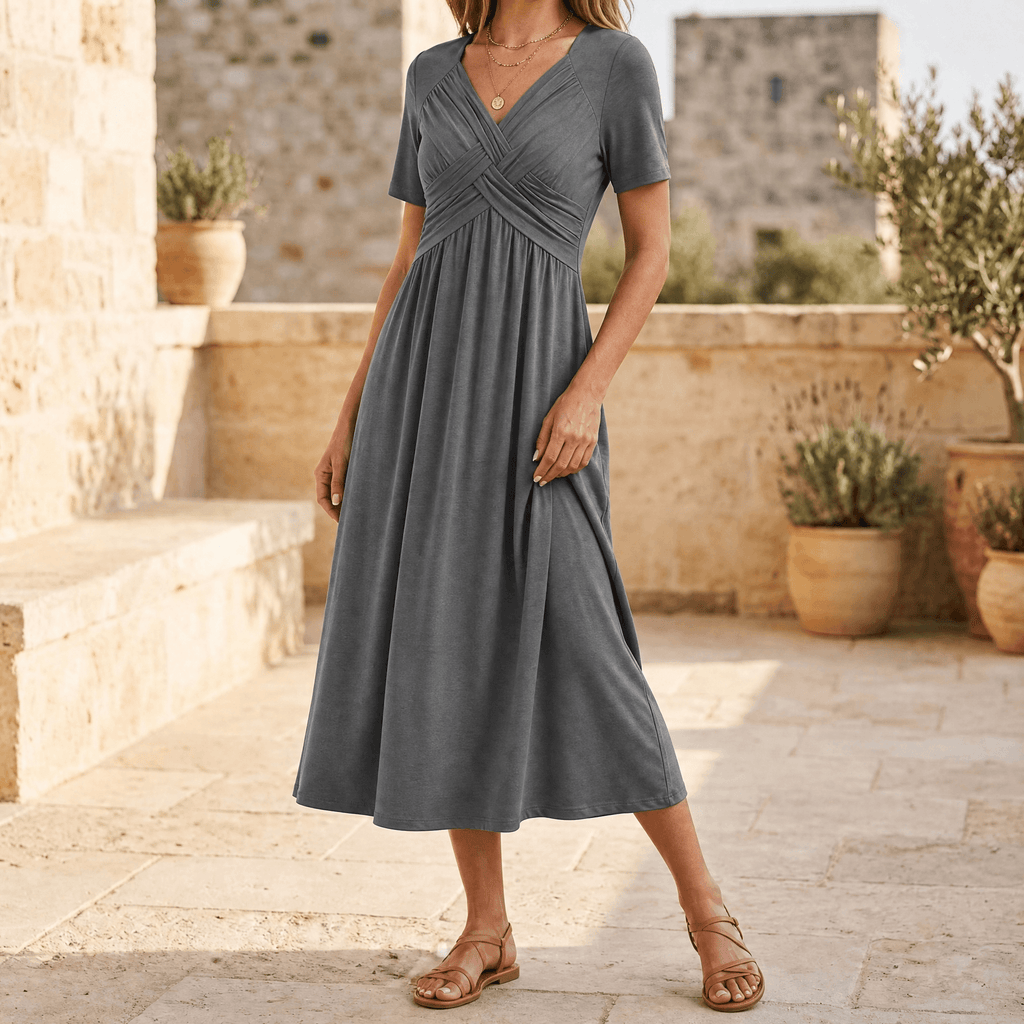Women's crossover V-neck midi summer dress with pockets 6