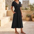 Women's crossover V-neck midi summer dress with pockets 7
