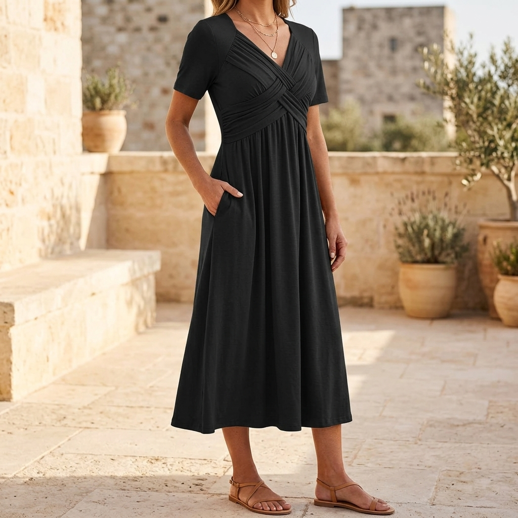 Women's crossover V-neck midi summer dress with pockets 7