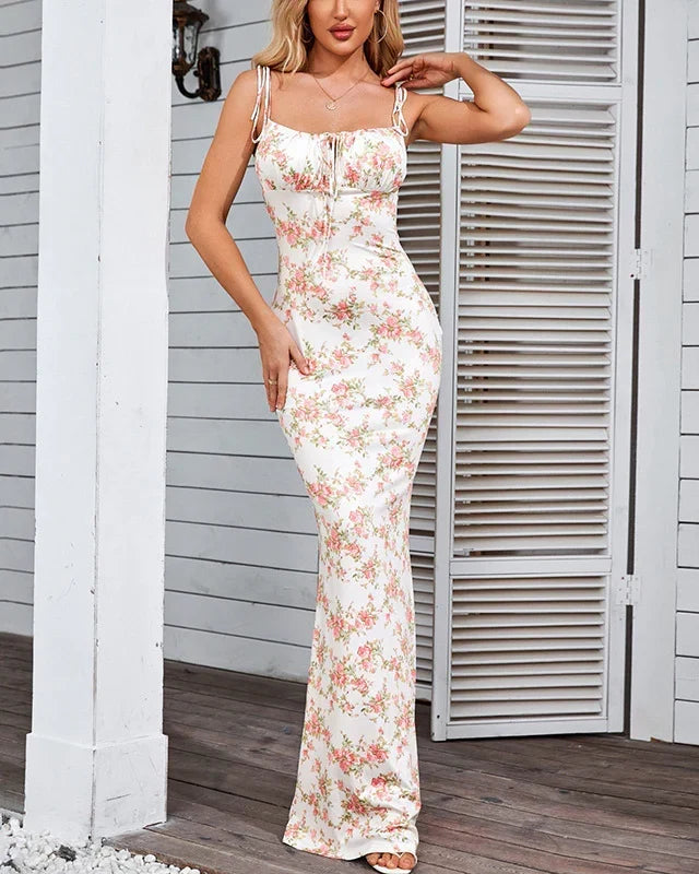 Women's floral maxi dress with square neck and tie straps 2