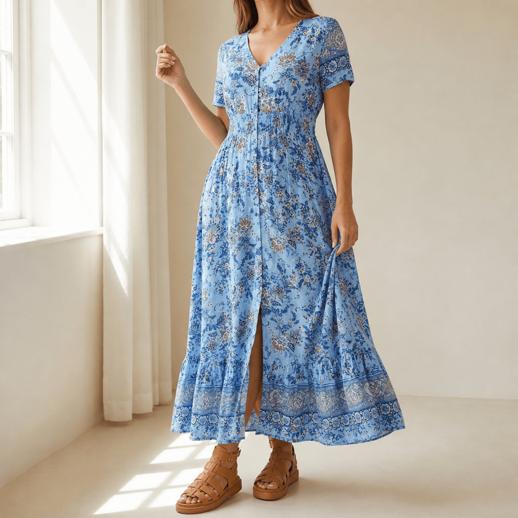 Women's floral maxi dress with V-neck and front slit 1
