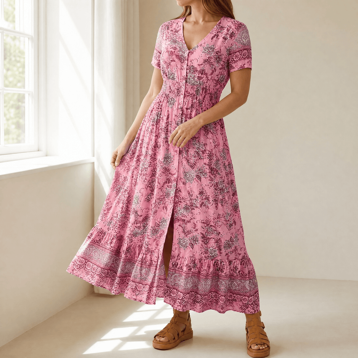 Women's floral maxi dress with V-neck and front slit 2