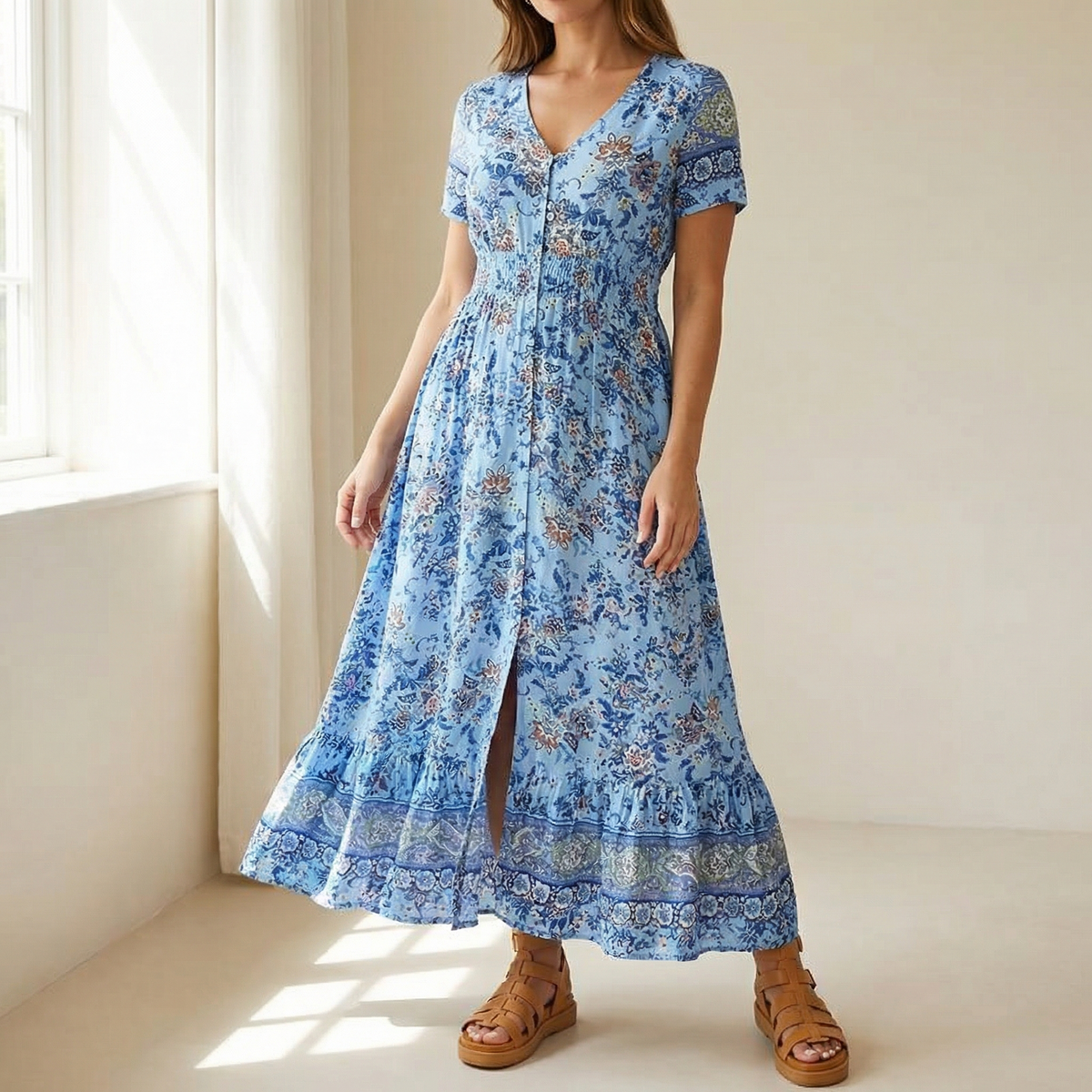 Women's floral maxi dress with V-neck and front slit 4