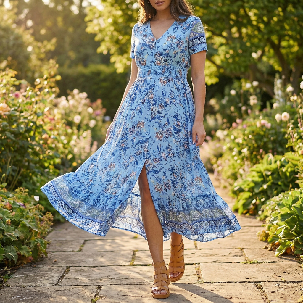 Women's floral maxi dress with V-neck and front slit 5