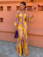 Women's floral maxi dress with V-neck and pleated skirt 1