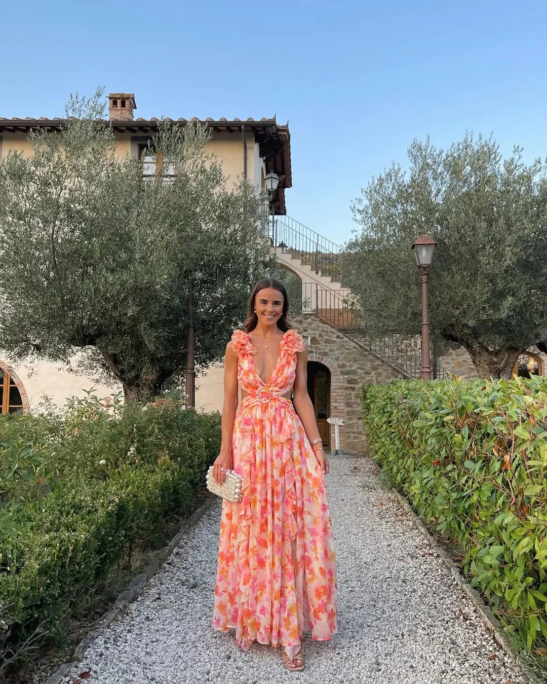 Women's floral maxi dress with V-neck and waist cut-outs 1