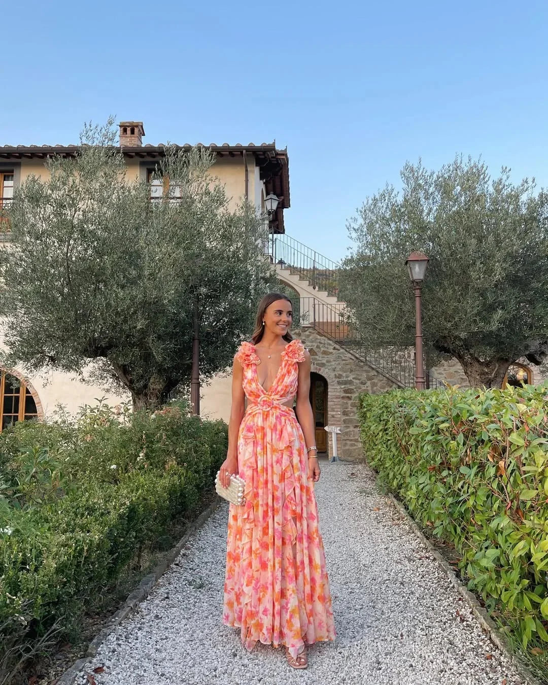 Women's floral maxi dress with V-neck and waist cut-outs 3