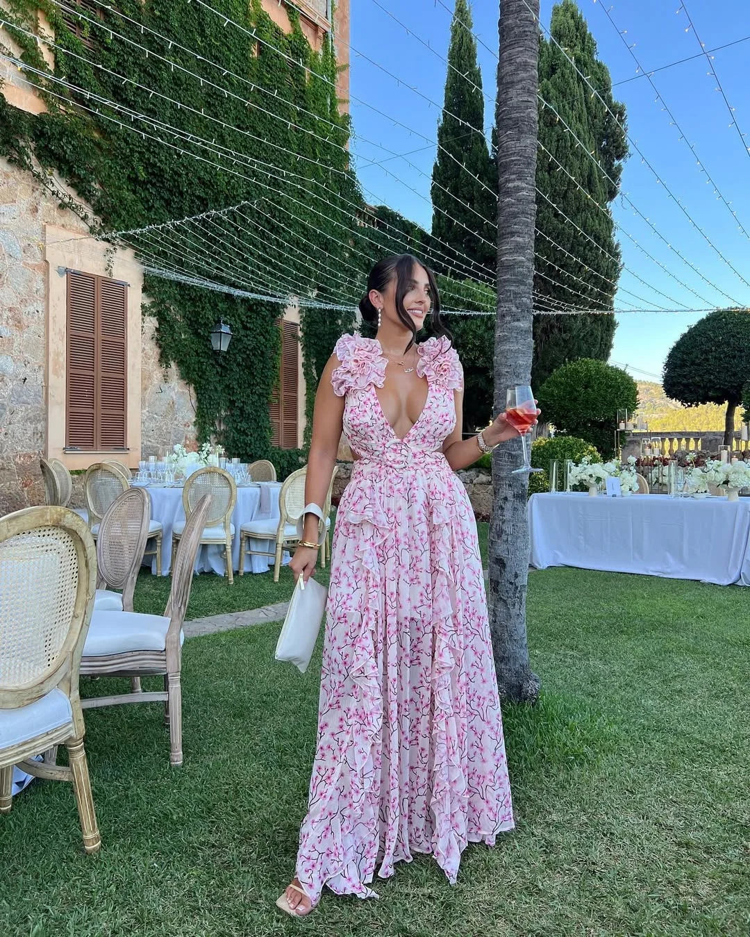 Women's floral maxi dress with V-neck and waist cut-outs 9
