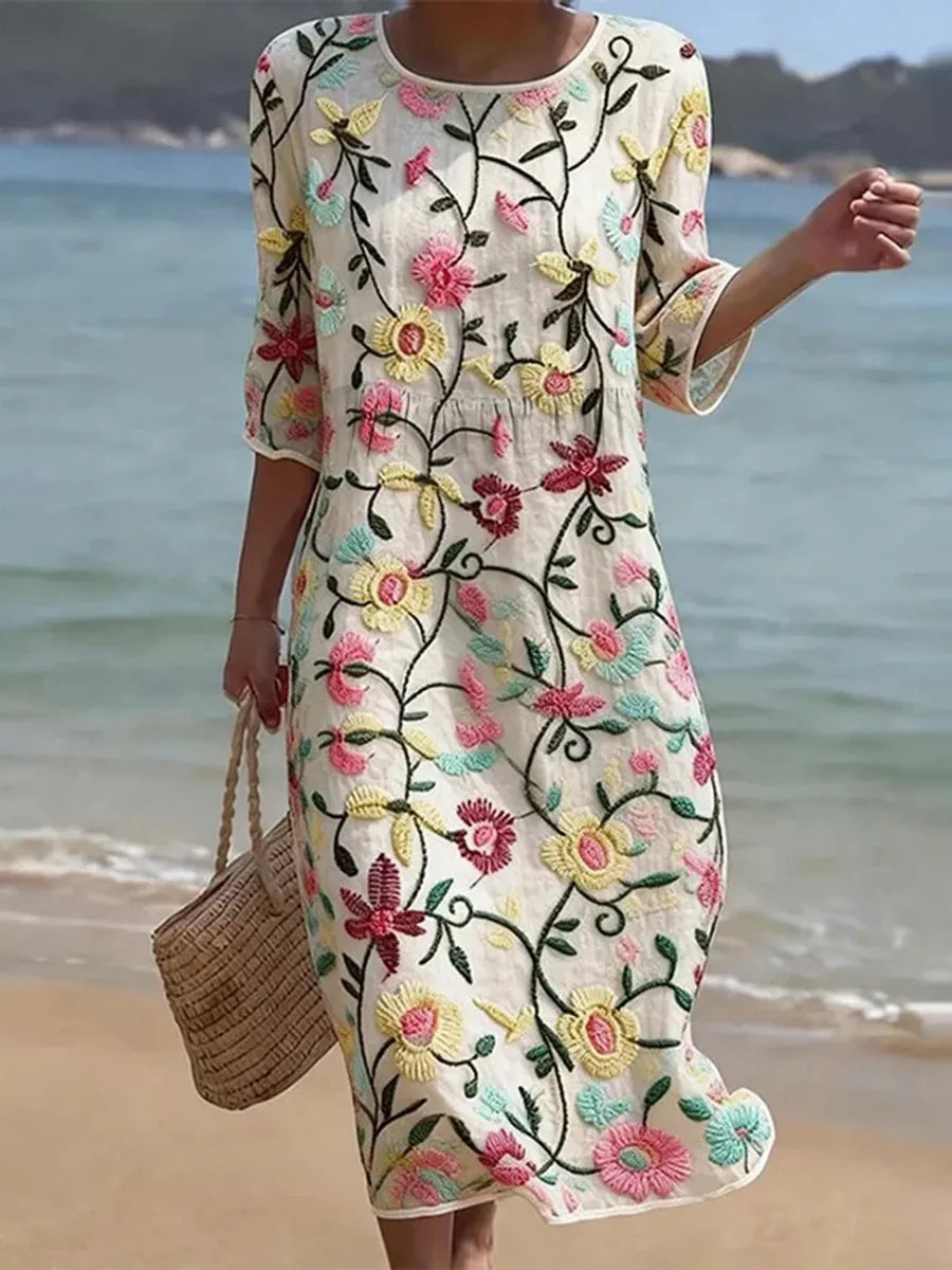 Women's floral midi dress with round neck and bell sleeves 1