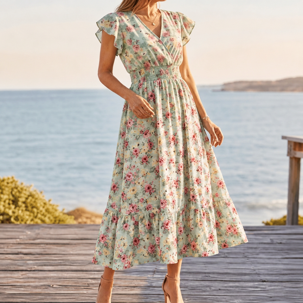 Women's floral midi summer dress with wrap V-neck and flutter sleeves 1