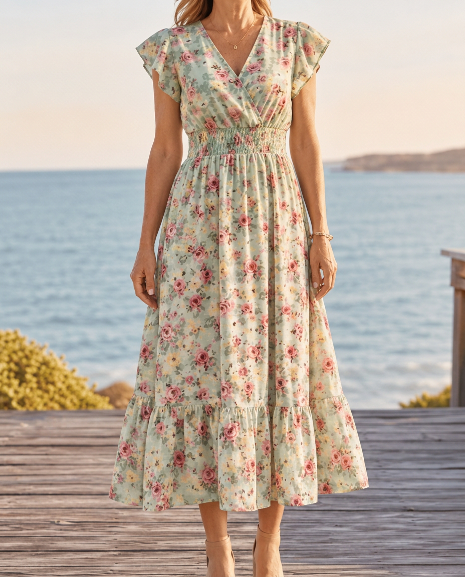Women's floral midi summer dress with wrap V-neck and flutter sleeves 2