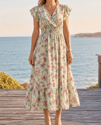 Women's floral midi summer dress with wrap V-neck and flutter sleeves 2
