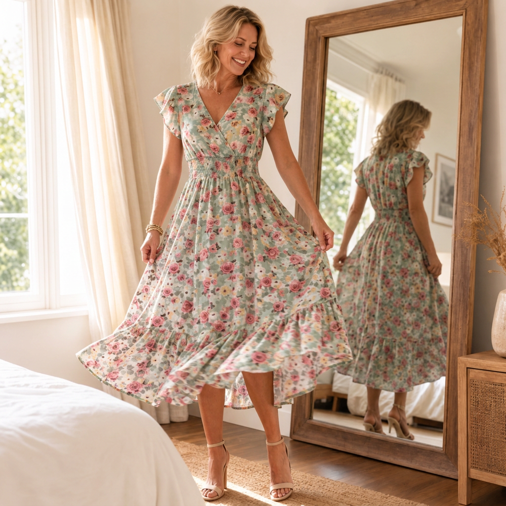 Women's floral midi summer dress with wrap V-neck and flutter sleeves 4