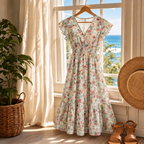Women's floral midi summer dress with wrap V-neck and flutter sleeves 5