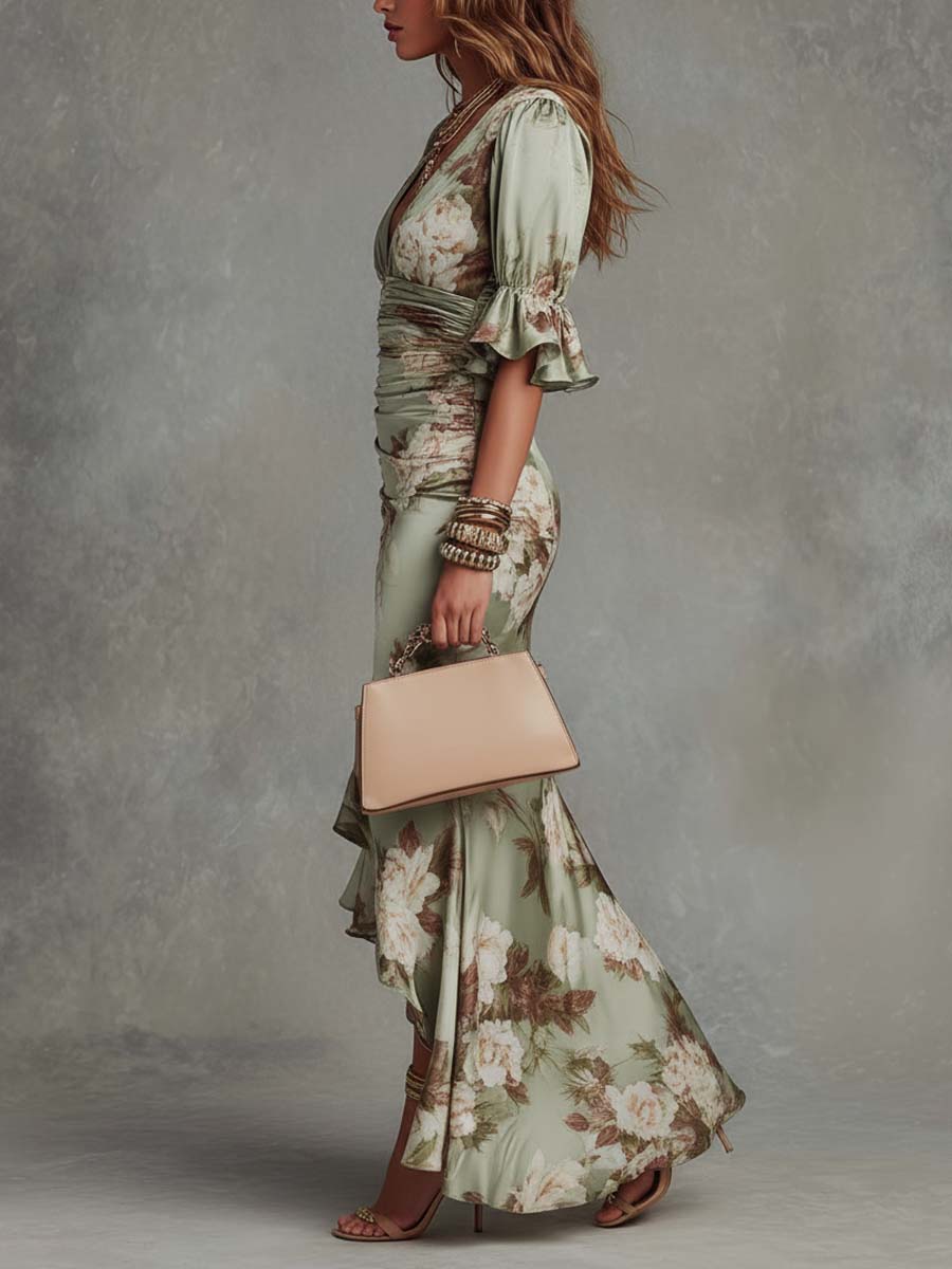 Women's floral satin maxi dress with V-neck and ruched waist 5