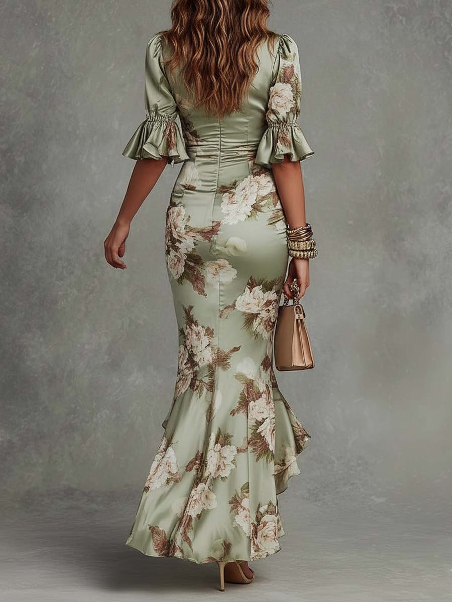 Women's floral satin maxi dress with V-neck and ruched waist 6