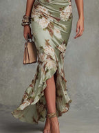 Women's floral satin maxi dress with V-neck and ruched waist 8