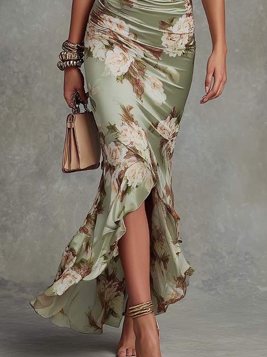 Women's floral satin maxi dress with V-neck and ruched waist 8